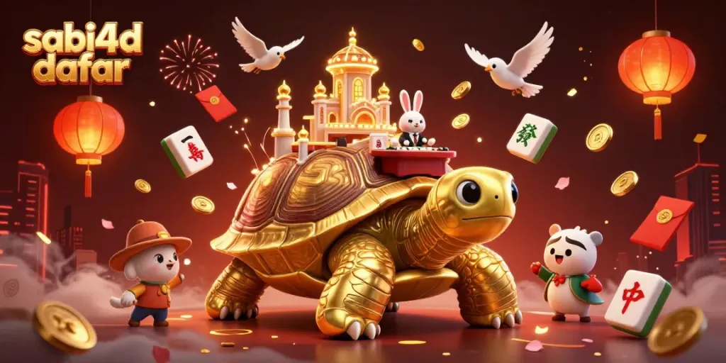 Engage with SABI4D daftar, featuring a giant tortoise casino and dynamic birds carrying coins.