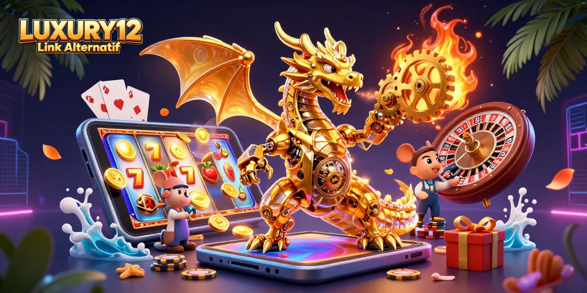 LUXURY12 Link Alternatif showcases a captivating scene with a golden dragon amidst animated slot games.