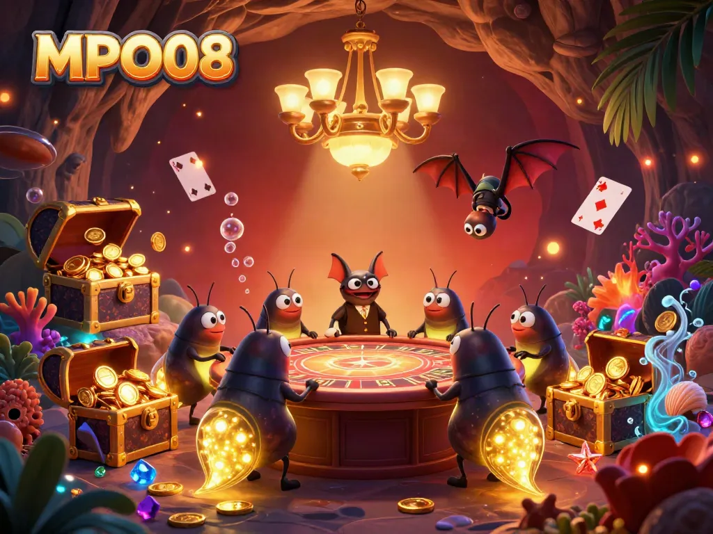 MPO08 showcases a vibrant cave casino illuminated by glowworms, creating an engaging gambling atmosphere.