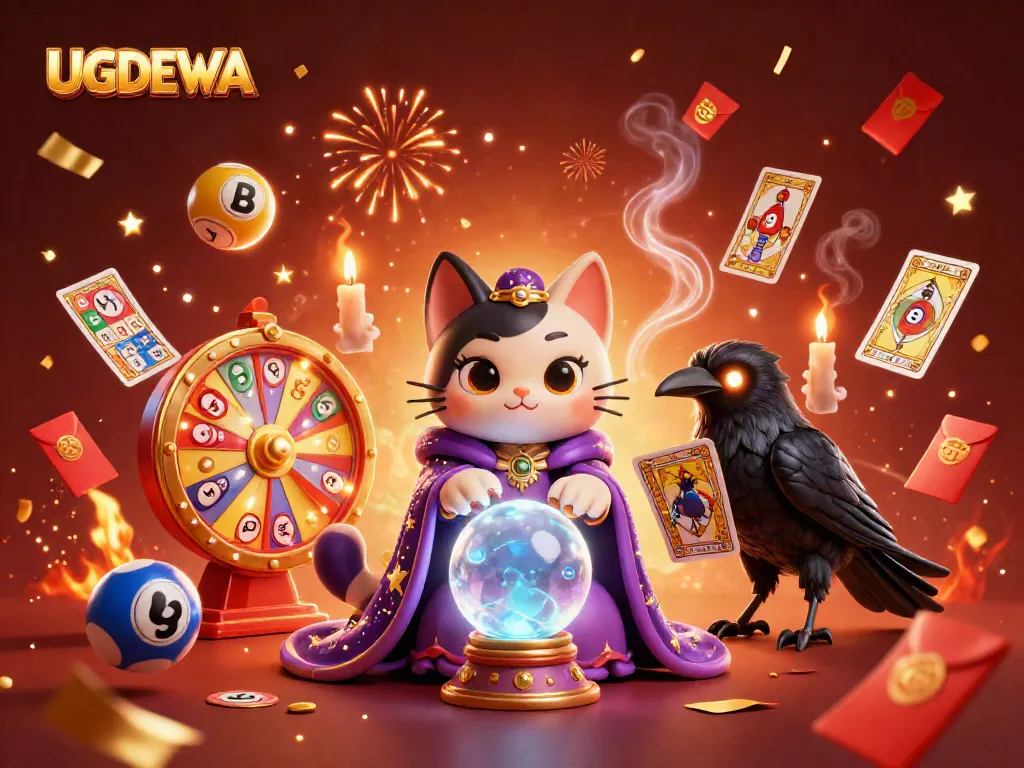 Experience thrilling lottery excitement with UGDEWA's vibrant 3D illustration featuring fortune tellers and mystic elements.