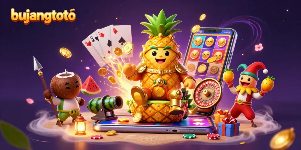 Bujangtoto features a golden pineapple king with lively characters and vibrant casino elements in a fun-filled beach setting.