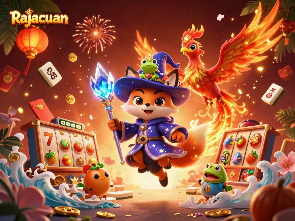 Players winning jackpots at Rajacuan's dynamic casino scene filled with vibrant symbols and magical elements.
