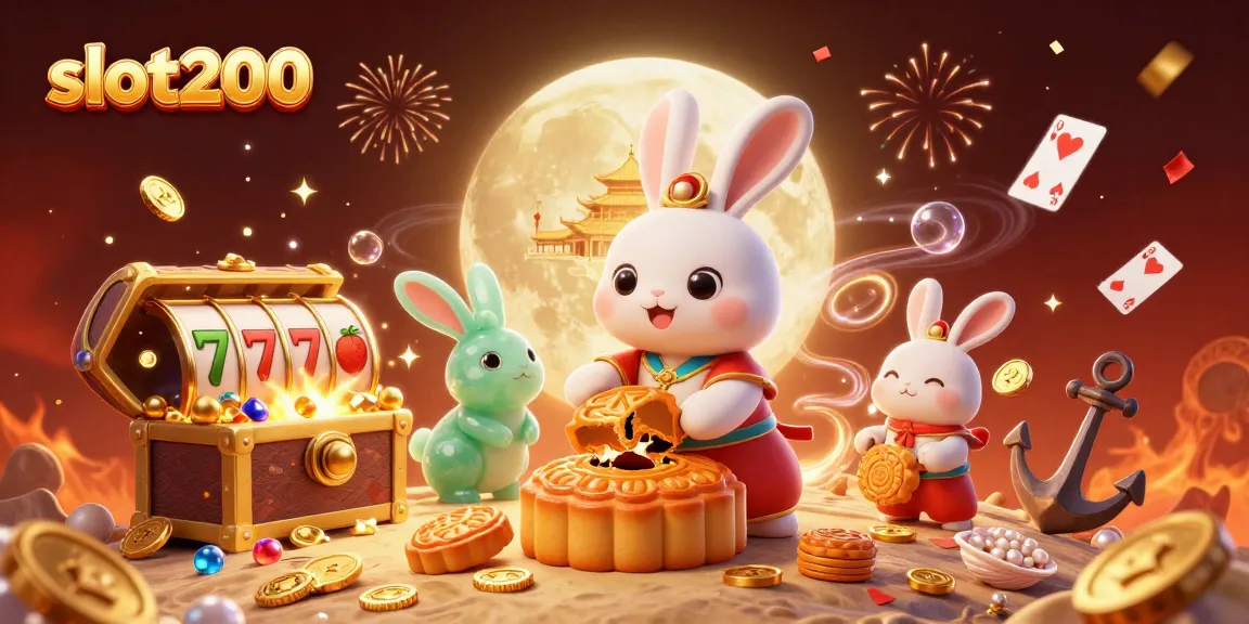 Menangkan permainan di slot200 dengan ilustrasi kelinci bulan dan simbol judi yang menarik.
