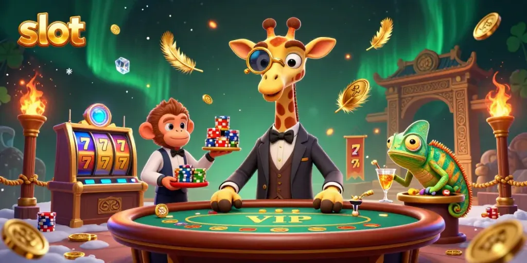 Permainan slot menampilkan girafa berjas dan valet monyet, dikelilingi simbol keberuntungan dan koin emas.