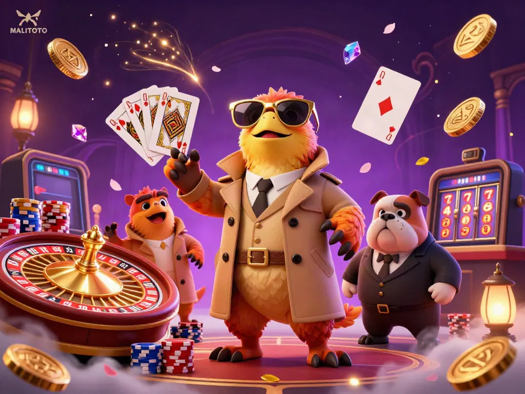 MALITOTO showcases three raptors dressed in a trench coat trying to enter a casino, surrounded by vibrant gaming elements.