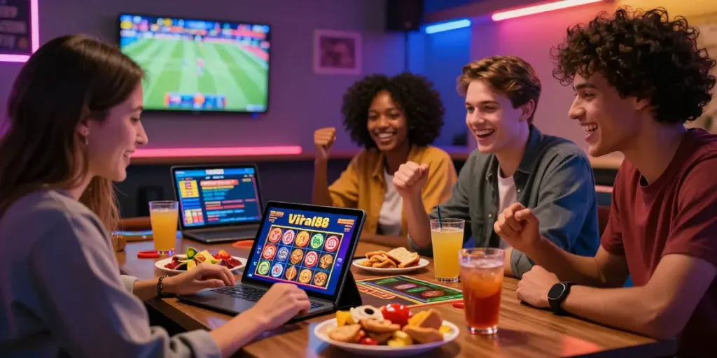 Friends enjoying slot gacor games on Viral88 platform, creating an exciting gaming atmosphere.