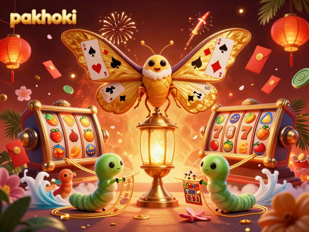 Gambarkan pakhoki dengan serangga kartun 3D di kasino virtual, simbol serta efek kasino.