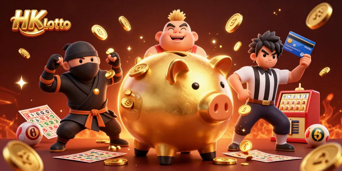 Experience the excitement of HK Lotto with a dynamic illustration of a sumo wrestler, ninja, and referee amidst colorful lottery elements.