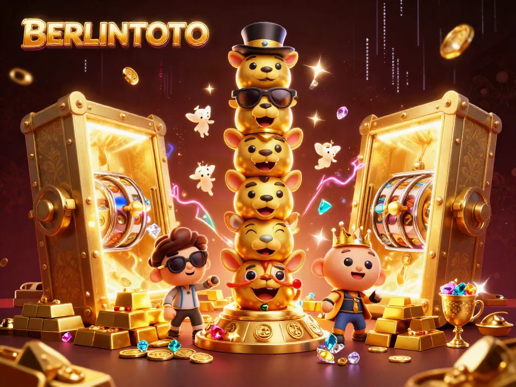 Engage with the vibrant gaming universe of BERLINTOTO, featuring a golden totem pole surrounded by treasure and slot machines.