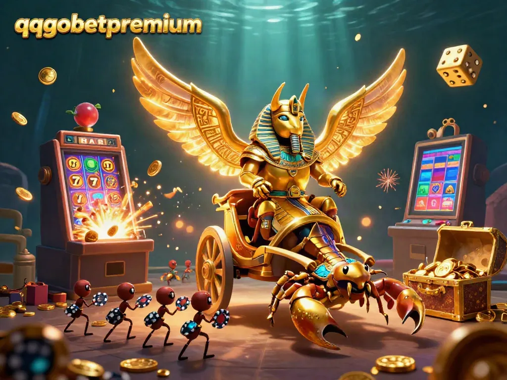 Experience jackpots with qqgobetpremium featuring a golden scarab and dynamic casino elements.