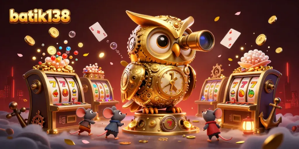 Gambarkan suasana permainan kasino di batik138 dengan burung hantu emas dan patron tikus di antara slot mesin.