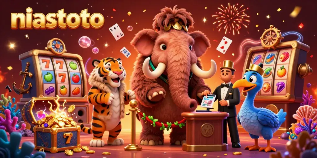 Experience niastoto's casino energy with a vibrant mammoth bouncer and saber-tooth VIP in a lively scene