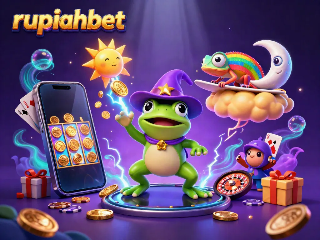 Experience the thrill of winning at rupiahbet with a whimsical illustration of a wizard frog and chameleon in a vibrant casino scene.