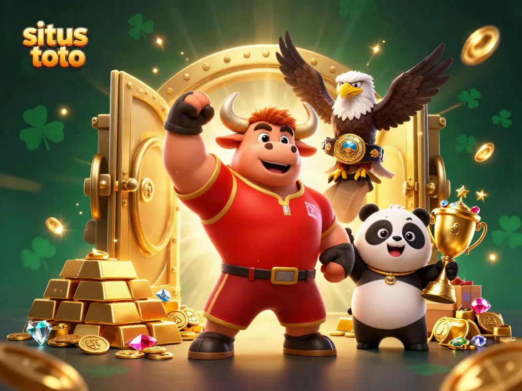 A magical scene of situs toto with a bull mascot, eagle, and panda surrounded by golden treasures bursting from a vault.