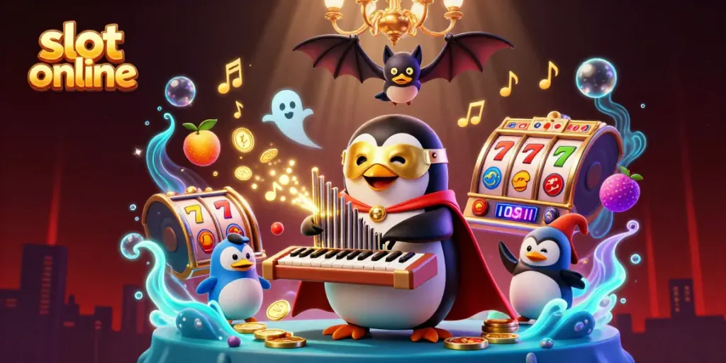 Slot online menampilkan penguin yang memainkan organ dengan koin emas melimpah dan simbol buah berkilau.