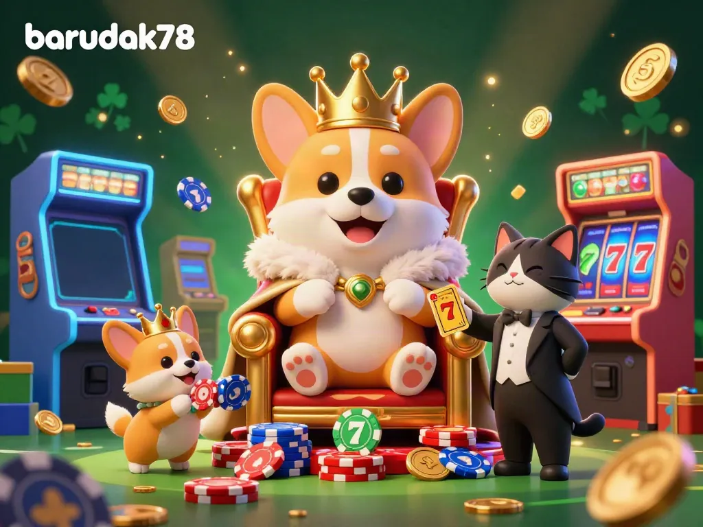 Barudak78 menghidupkan permainan slot dengan gambar corgi kerajaan dan slot mesin yang berkilauan.