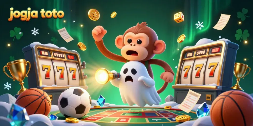 Engage in the thrilling world of jogja toto with a lively illustration showcasing a playful poltergeist monkey in a casino.