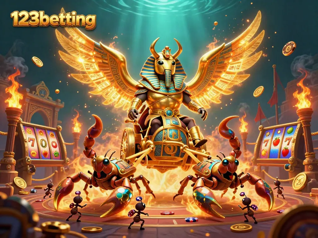Engage in thrilling 123betting action with a dazzling scene featuring a colossal scarab beetle and dynamic casino elements.