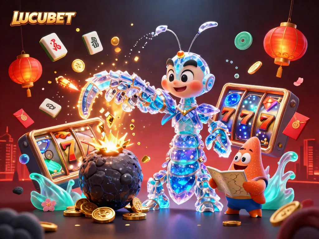 LUCUBET showcases a vibrant 3D illustration of a galactic samurai mantis shrimp amidst a dynamic scene of casino elements like slot reels and gold coins.