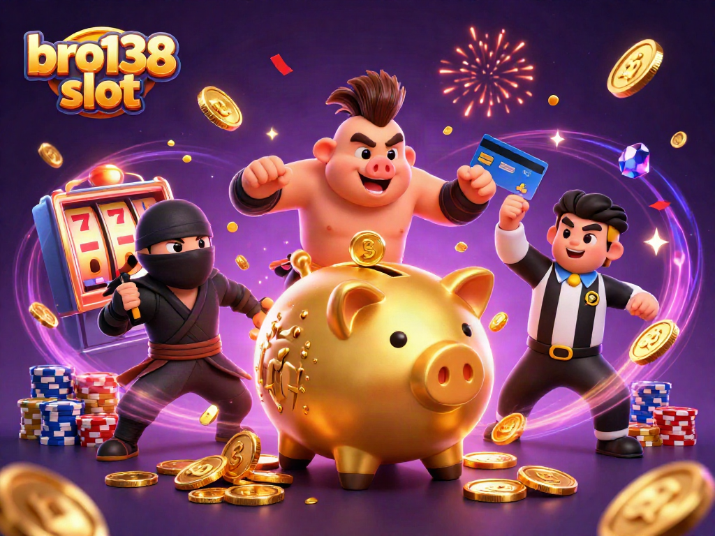 Experience the thrill of bro138 slot with dynamic characters and casino elements in this vibrant illustration.