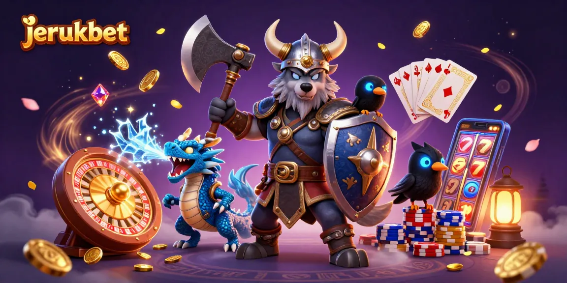 Menangkan permainan di jerukbet dengan karakter 3D Viking dan naga, dikelilingi koin dan efek kasino yang cerah
