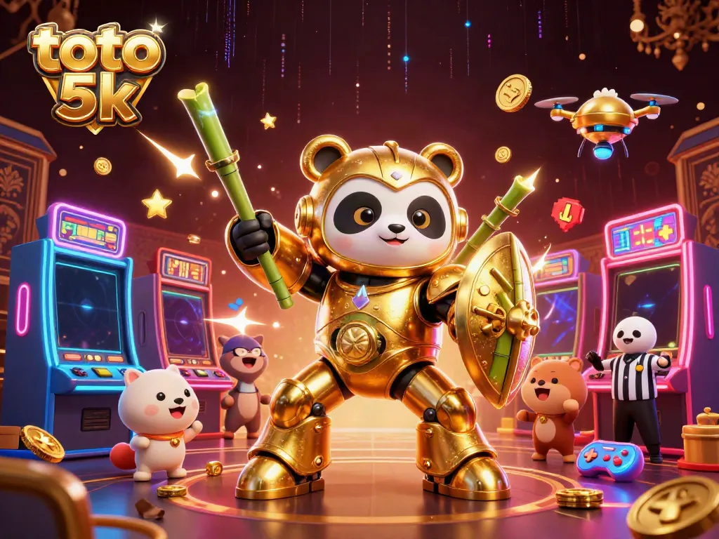 Experience the excitement of toto 5k with a golden panda in a mech robot surrounded by slot machines.