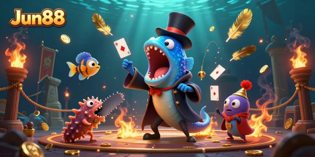 Experience magical card tricks with Jun88's enchanting underwater casino scene featuring vibrant characters and dynamic elements.
