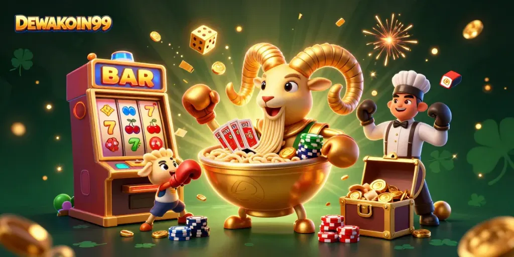 Permainan slot menarik di DEWAKOIN99 dengan ramen raksasa dan teman-teman ceria di sekitar mesin jackpot.