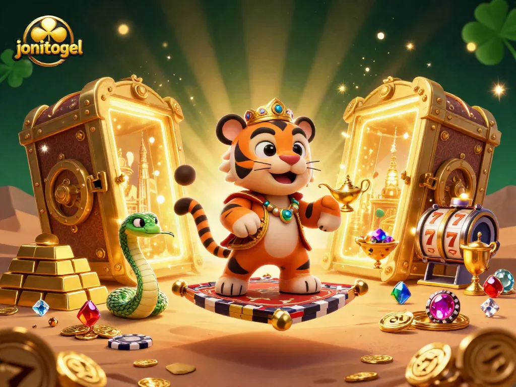 Spin to win with jonitogel in a vibrant 3D illustration featuring a sultan amid gold and slot elements.