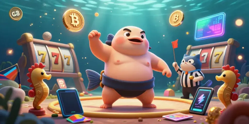 Engage with automated gameplay at GO 8, featuring a dynamic underwater casino scene with a playful puffed fugu.