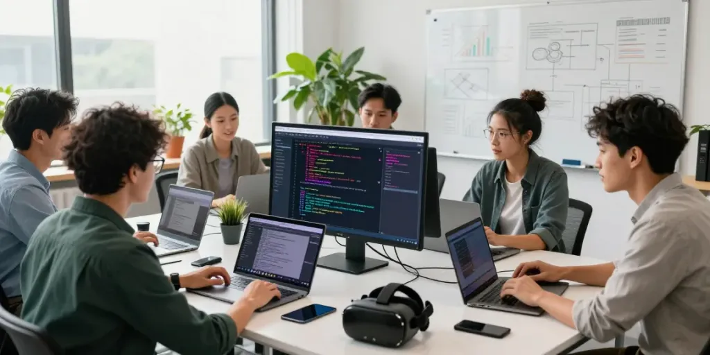 Tim pengembang perangkat lunak berkolaborasi dalam proyek natunatoto dengan layar besar dan laptop di kantor modern.