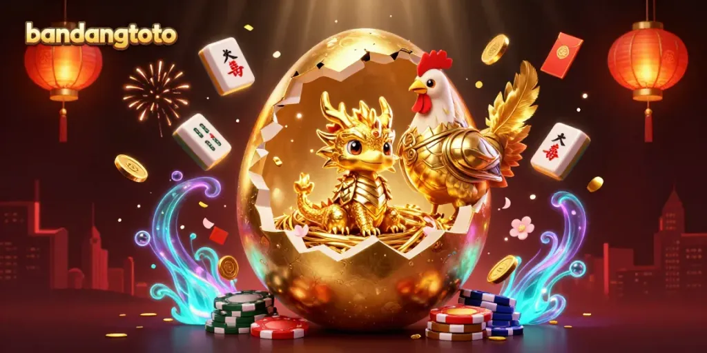 Experience the excitement of bandungtoto with a golden dragon guarding poker chips in a vibrant casino scene.