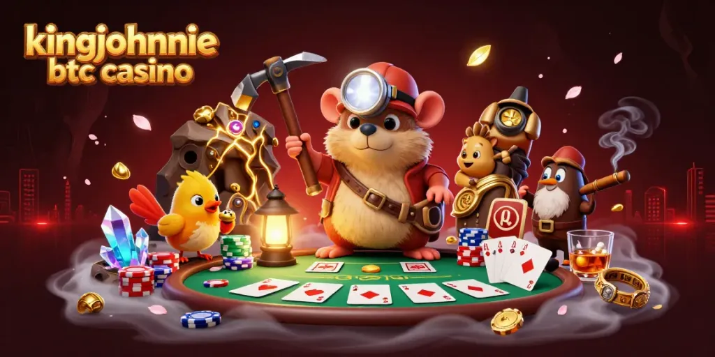 Engage in the exciting action of kingjohnnie btc casino with a colorful 3D illustration featuring poker elements and characters.