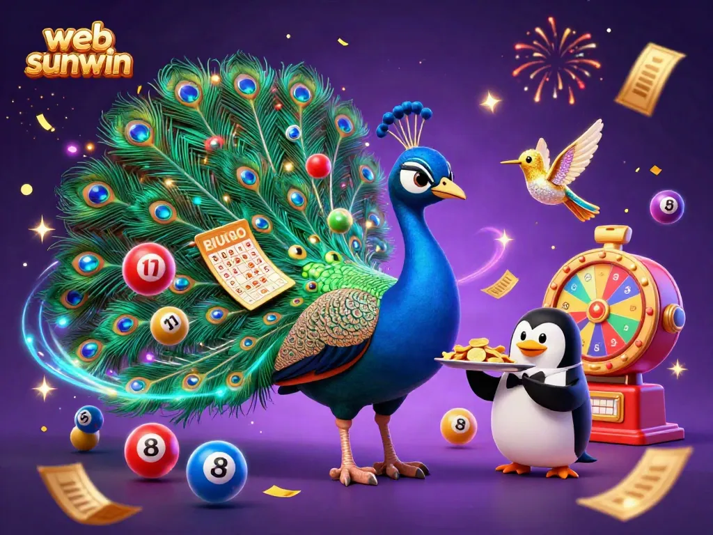 Experience vibrant excitement with web sunwin featuring colorful lottery balls and dynamic characters in a casino celebration.