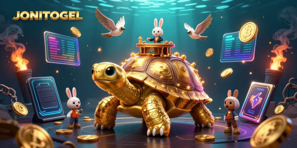 Engage with JONITOGEL's vibrant gambling scene featuring a golden tortoise casino and dynamic game elements.