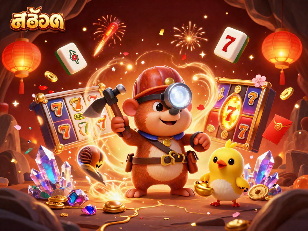 Enjoy the excitement of สล็อต with lucky symbols and a vibrant jackpot scene featuring a treasure hunter.