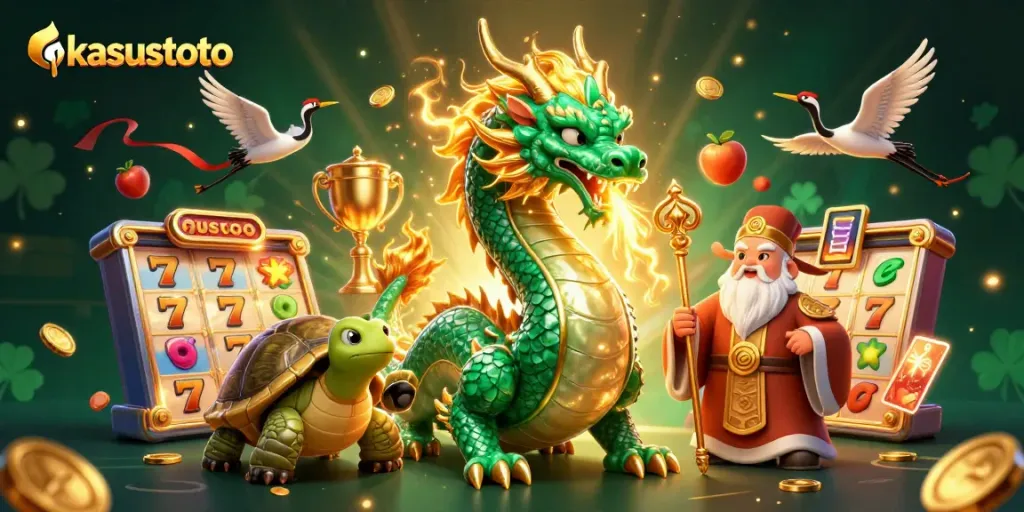 Permainan slot di kasustoto dengan naga hijau berharga dan elemen keberuntungan.