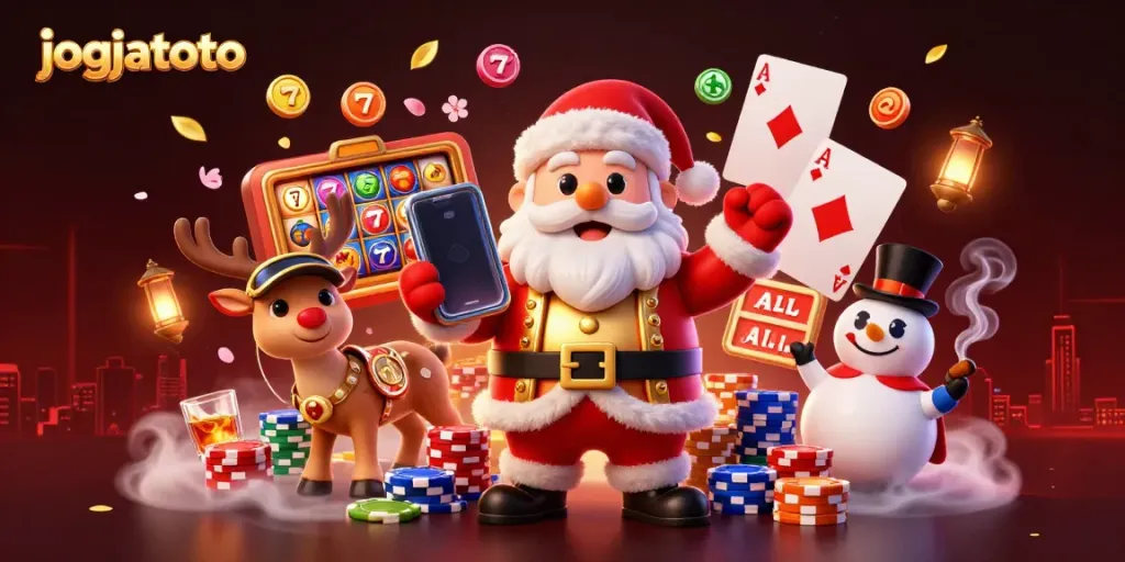 Engage with jogjatoto's vibrant casino scene featuring Santa, his reindeer, and a snowman amidst a jackpot.