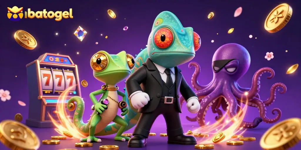 Permainan slot di nbatogel, dengan chameleon agen rahasia dan gecko cerdas dikelilingi koin emas.