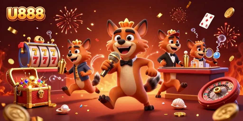 Immerse in U888's vibrant casino club with animated hyenas and dynamic gaming elements filled with excitement.