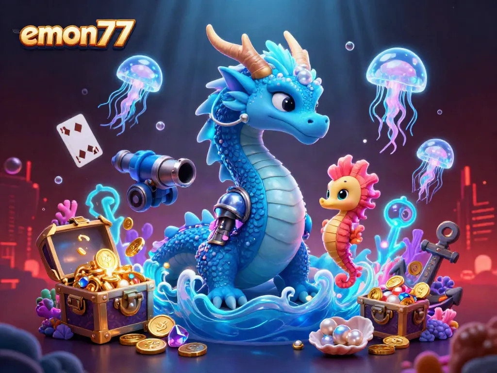 Experience the thrill of emon77 with an azure dragon and knight surrounded by casino treasures.