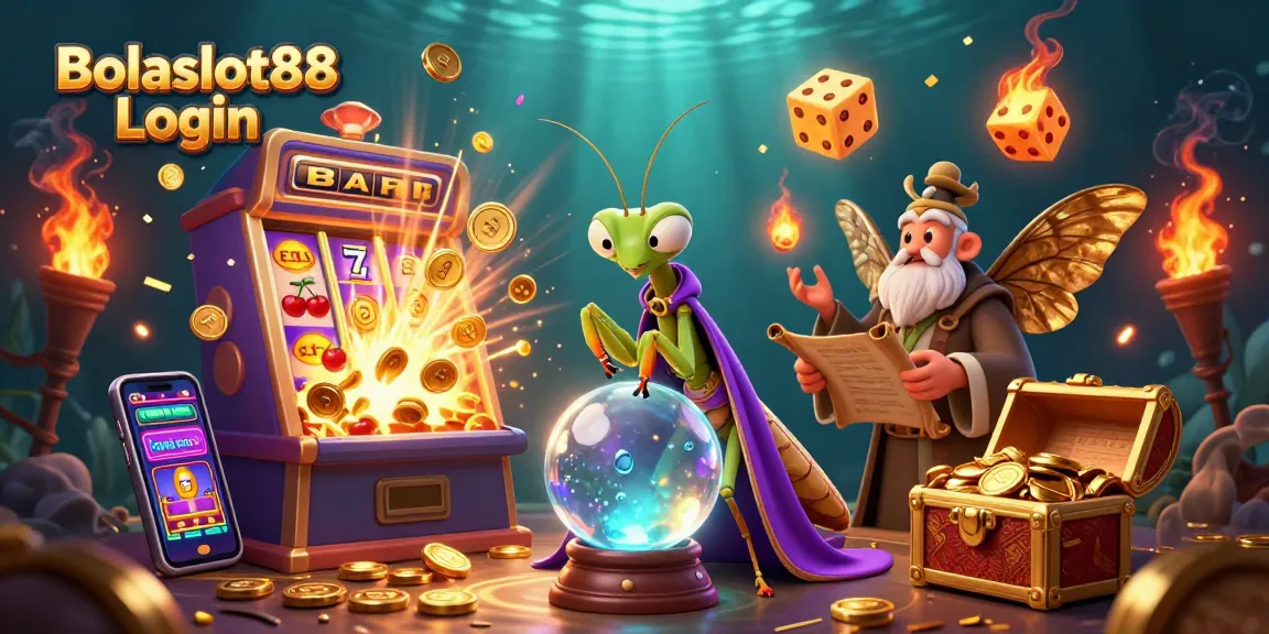 Bolaslot88 Login showcases a magical scene with a fortune teller and a moth librarian surrounded by vibrant casino elements.