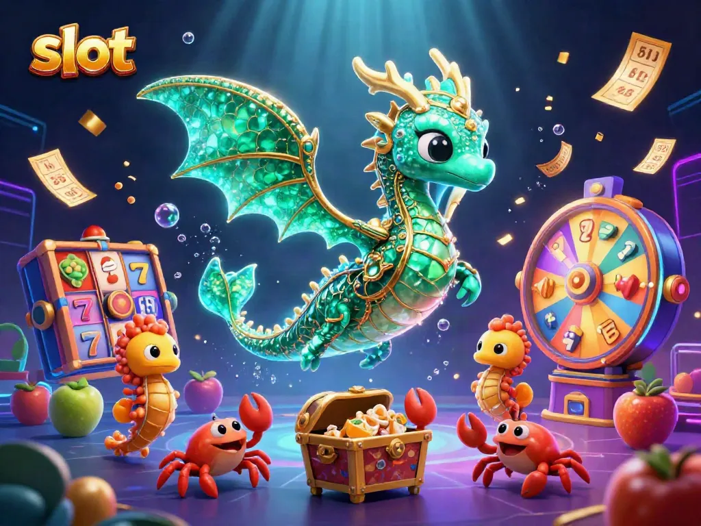 Slot menarik dengan simbol keberuntungan, peti harta, dan naga laut dalam ilustrasi 3D.