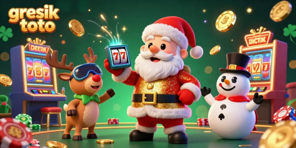 Ilustrasi 3D kasino menampilkan Santa Claus dan teman-teman beraksi dengan tema "gresik toto".