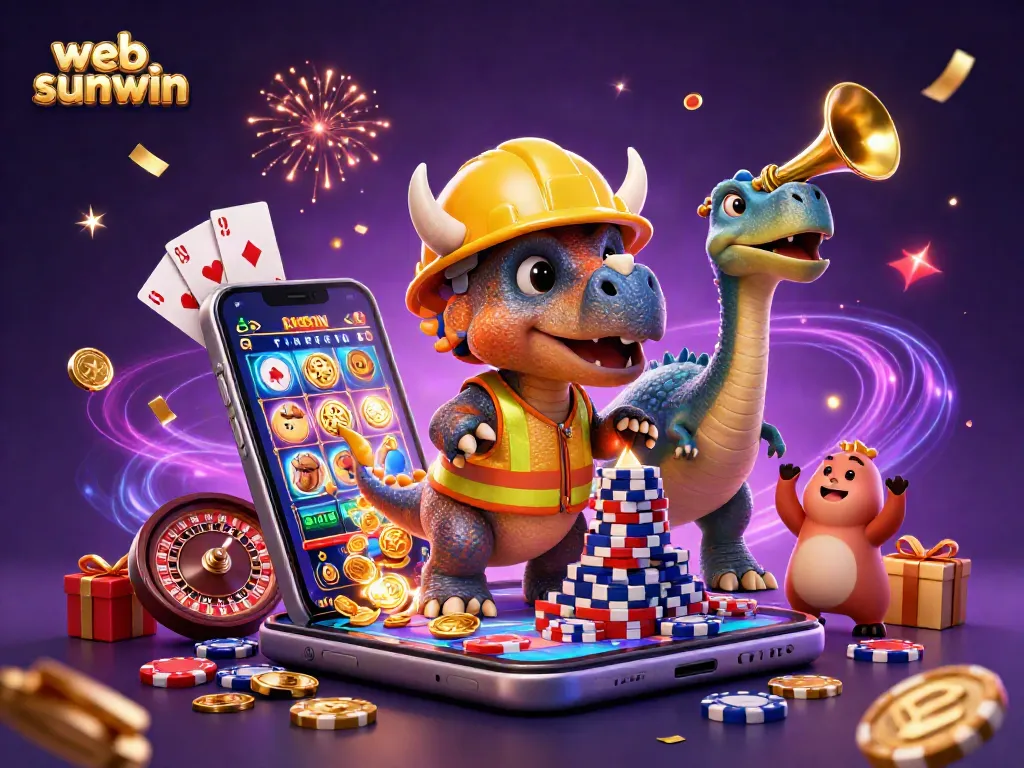 Experience the thrill of web sunwin with a triceratops building poker chip pyramids in a vibrant casino scene.