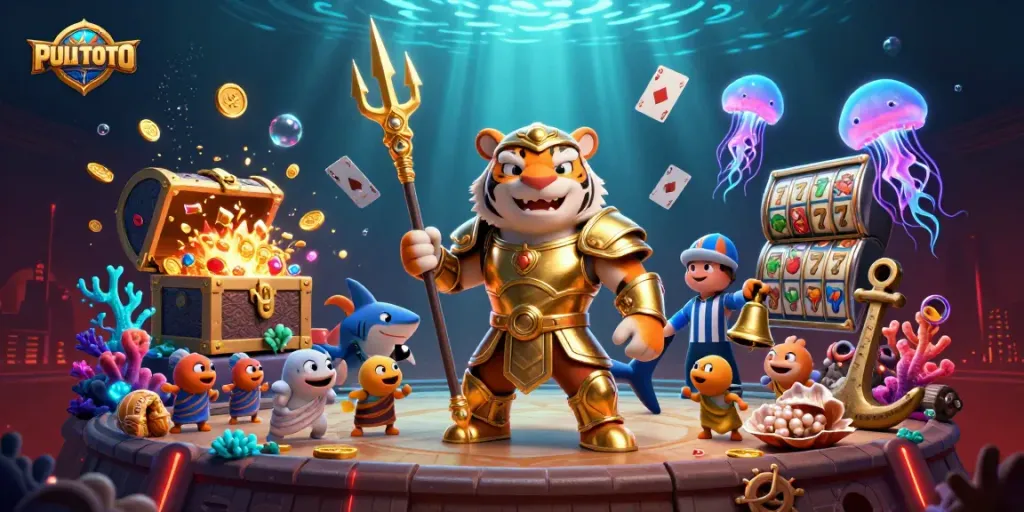 PULITOTO showcases an epic underwater casino battle scene featuring a tiger shark warrior, vibrant slots, and glowing treasures.