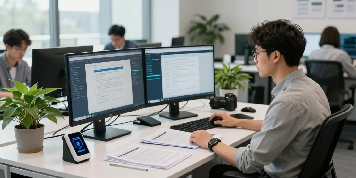 Cybersecurity analyst performing document fraud detection analysis in a modern office.