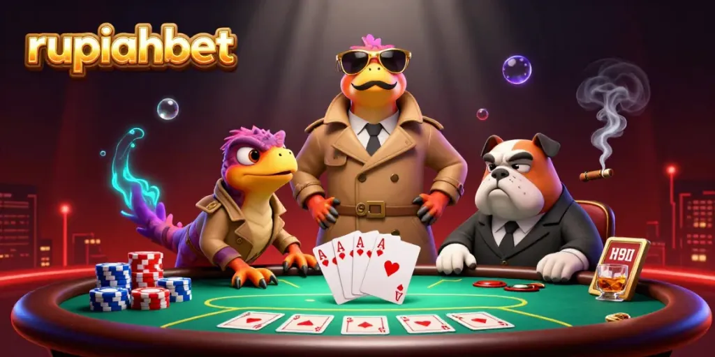 Engage with the playful raptors and bulldog bouncer in a lively VIP casino setting at rupiahbet.