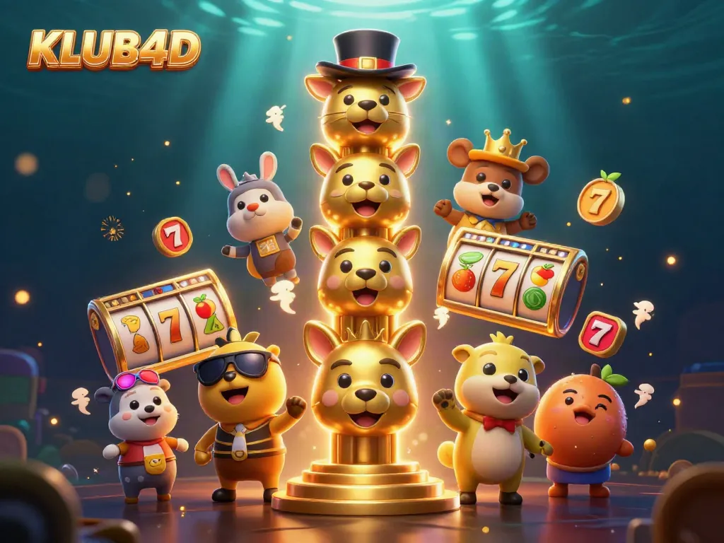 Menangkan permainan di KLUB4D dengan simbol jackpot slot dan totem berwarna-warni yang menarik.