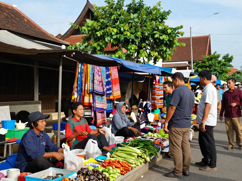 Pasar lokal di Cirebon Toto yang ramai dengan penjual dan pembeli yang berinteraksi, menciptakan suasana budaya yang hidup.